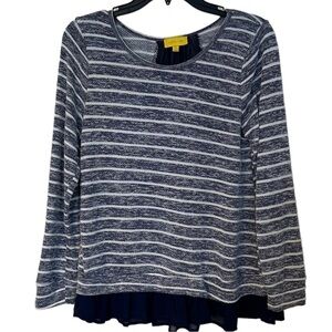 Ezra Mixed Media Long Sleeve Striped Top with Ruffled Hem Size M